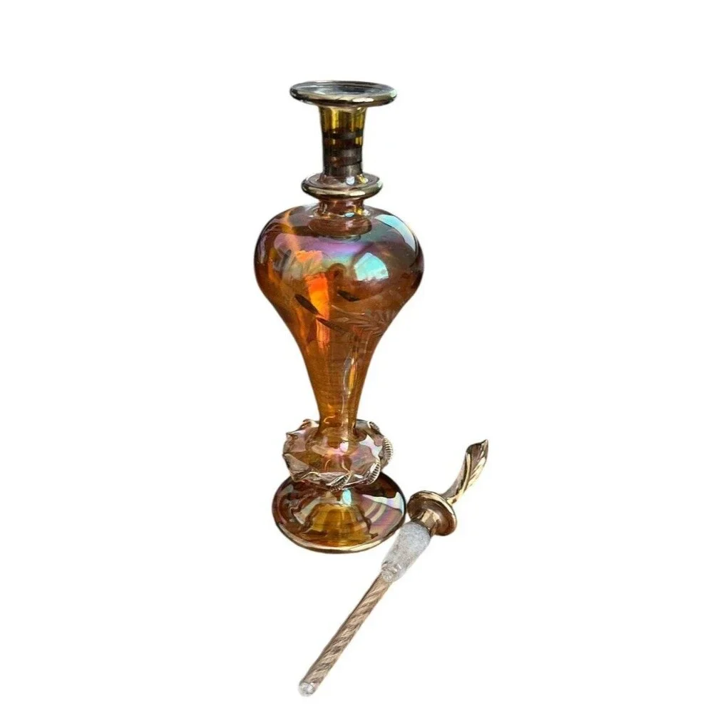 Amber Iridescent Perfume Bottle Gold Tone Trim Etched Flowers Delicate Dauber - Picture 4 of 6